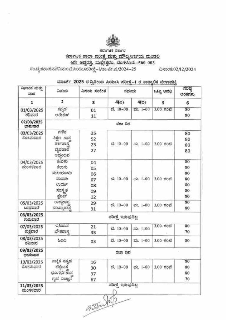 Karnataka Board Timetable 