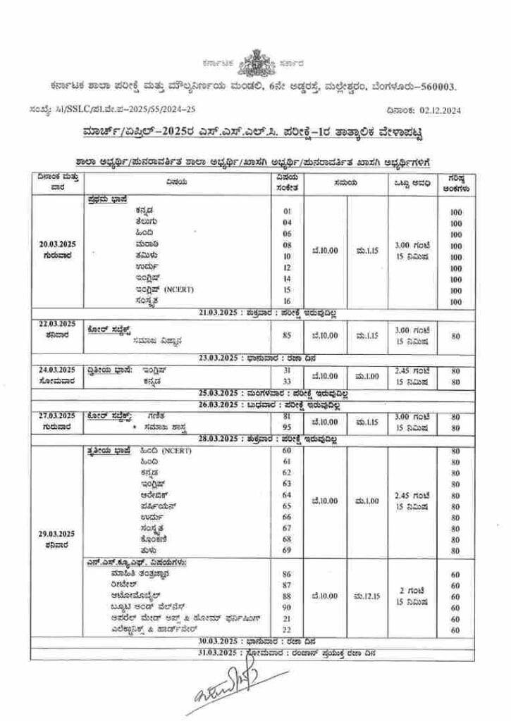 Karnataka Board Timetable 